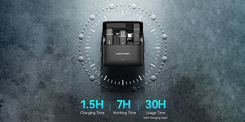 מערכת מיקרופון דש אלחוטי עם מארז טעינה Vention Clip-On Lavalier USB-C 48KHz