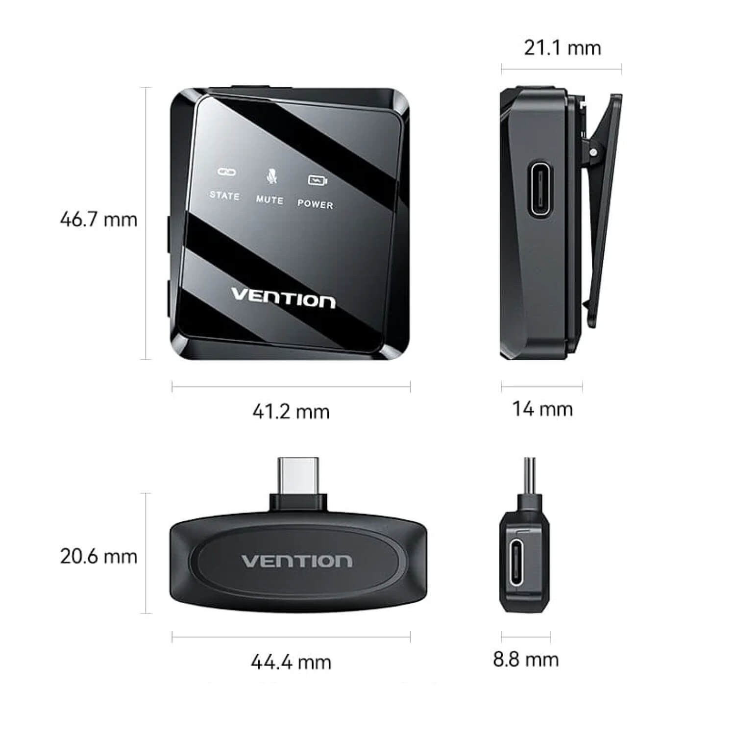 מערכת מיקרופון דש אלחוטי עם מקלט Vention Clip-On Wireless 32KHz USB-C