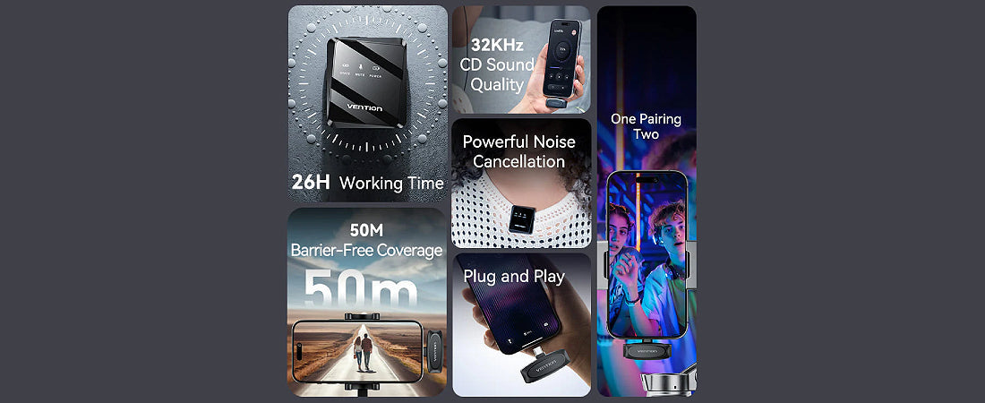 מערכת מיקרופון דש אלחוטי עם מקלט Vention Clip-On Wireless 32KHz USB-C