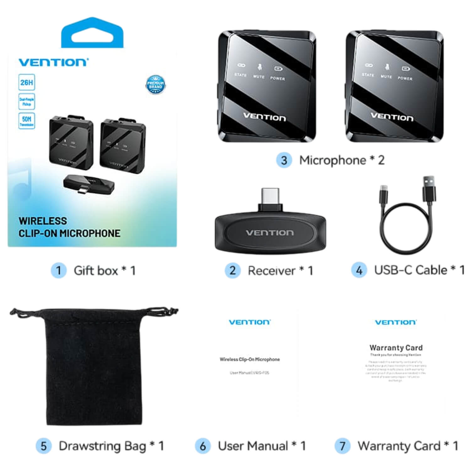 מערכת מיקרופון דש אלחוטי עם מקלט Vention Clip-On Wireless 32KHz USB-C