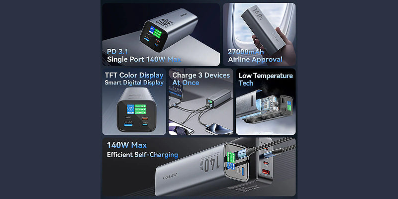 סוללת גיבוי ניידת Vention 27000mAh 140W PD 3.1