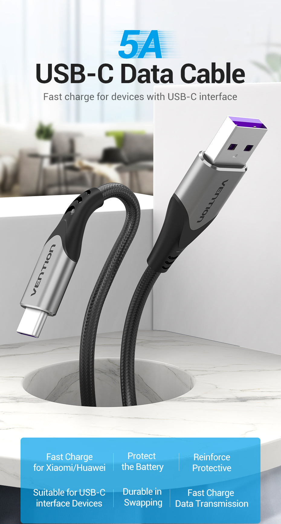 VENTION USB-A TO USB-C 5A/40W SUPER CHARGE 1M CABLE