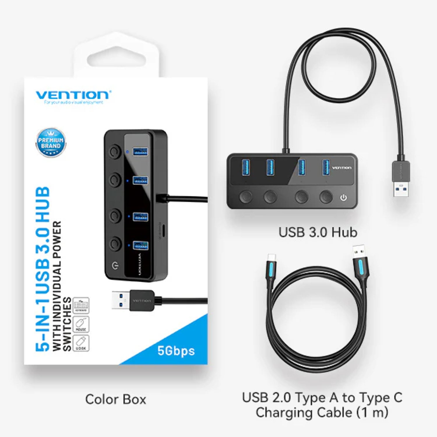 Vention USB-A to USB-A x4 | on/off Switches | USB-C | HUB