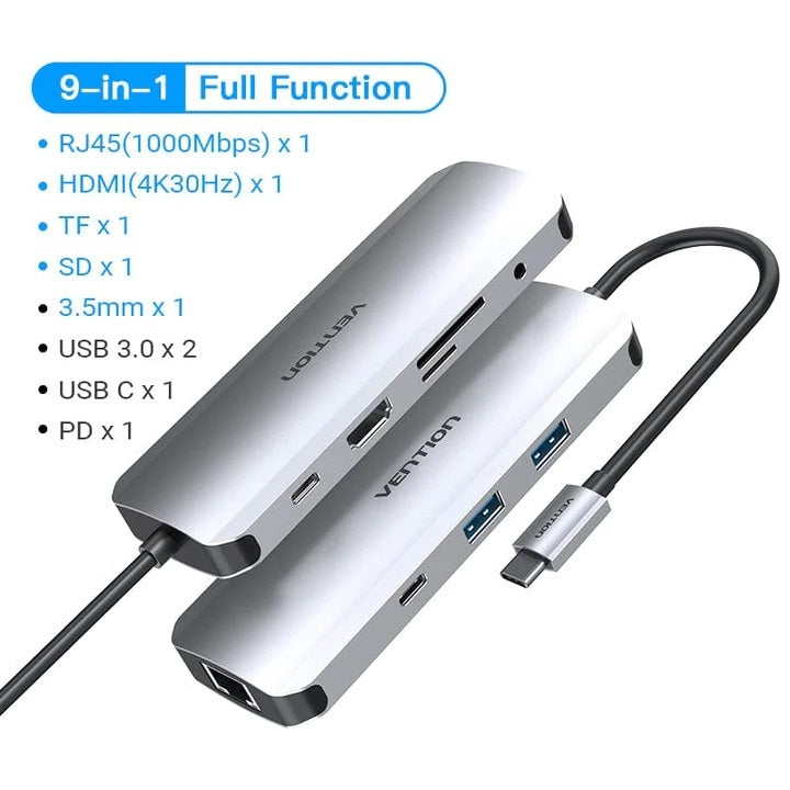 VENTION USB-C TO HDMI / LAN / USB-A X2 / USB-C / MICRO SD + SD / 3.5MM / PD100W DOCK - Cryptech