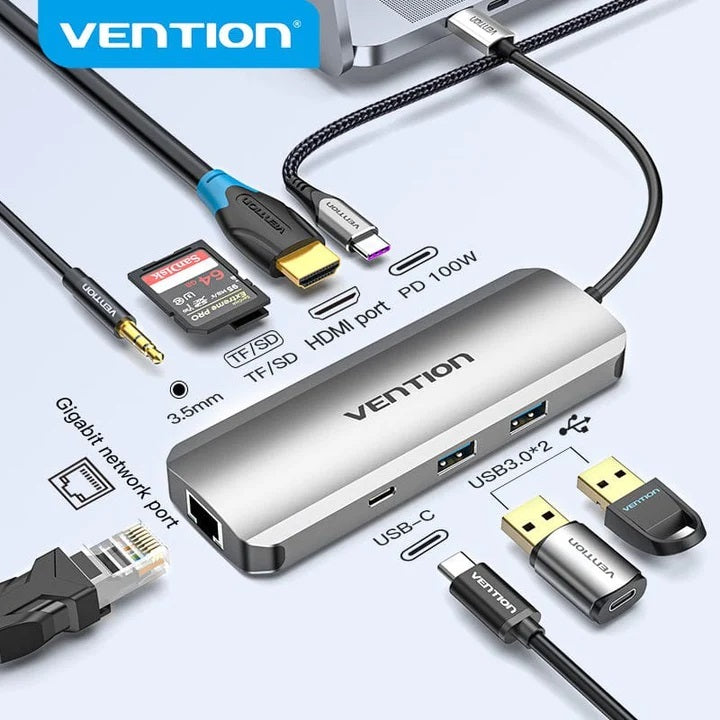 VENTION USB-C TO HDMI / LAN / USB-A X2 / USB-C / MICRO SD + SD / 3.5MM / PD100W DOCK - Cryptech