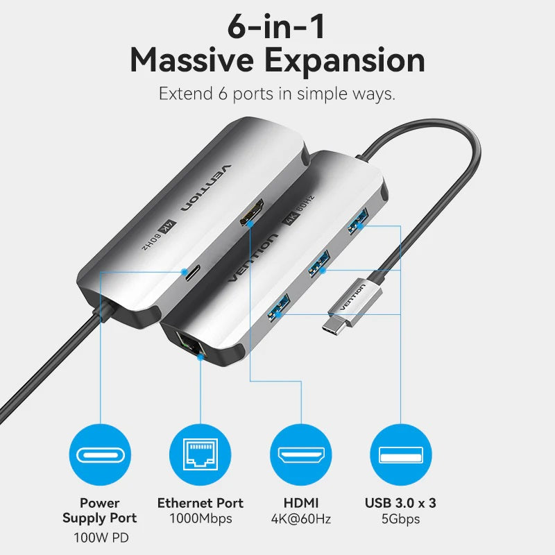 Vention USB-C to HDMI | USB-A x3 | LAN | USB-C PD100W | Dock